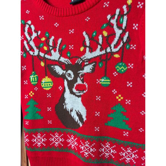 Reindeer Christmas Sweater – XS/S – Red Holiday Knit – Lights & Ornaments - Picture 3 of 5
